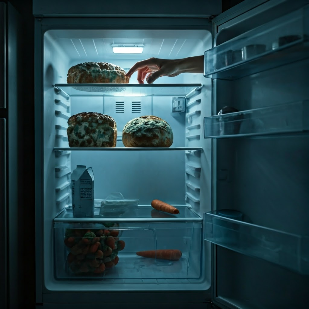 A dim kitchen fridge reveals moldy bread, sour milk, and a slimy carrot—showing common food spoilage at home.
