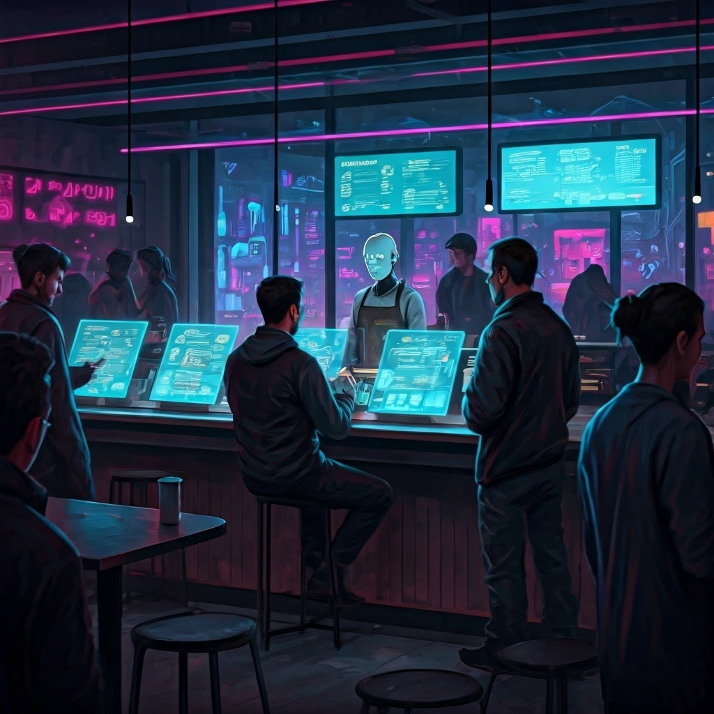 A futuristic café scene where patrons interact with holographic menus, illustrating human-AI collaboration