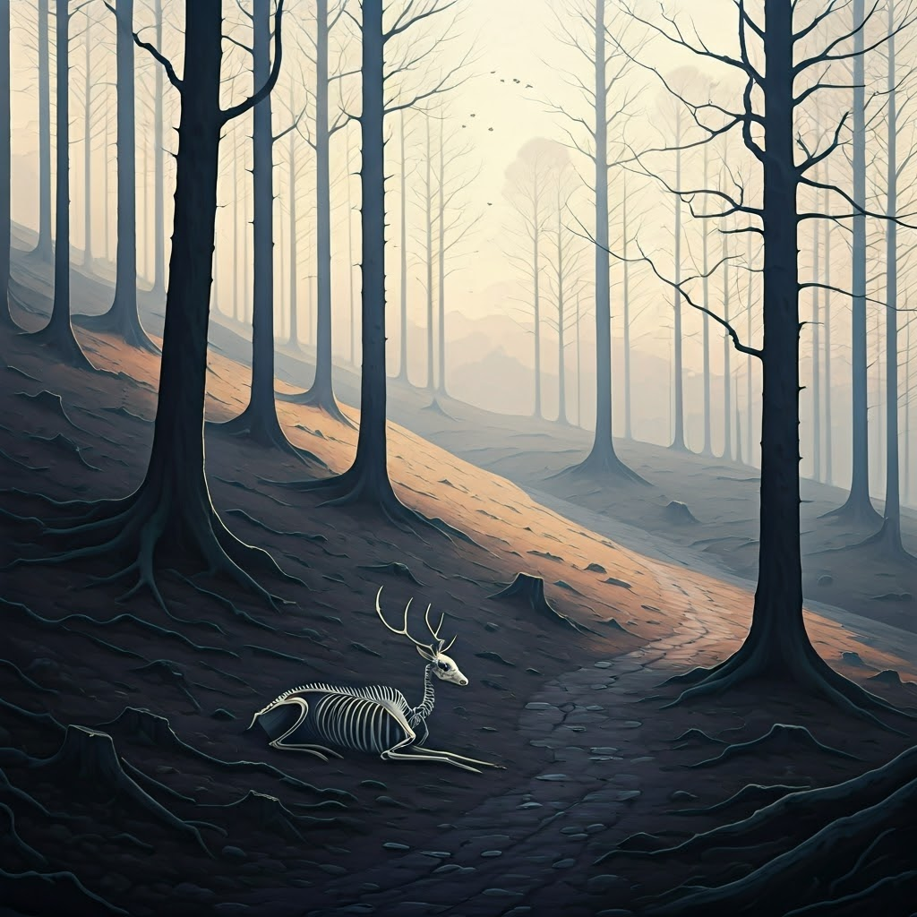 Ink-wash painting of a stripped Yorkshire hillside at dawn, bare stumps and a lone deer skeleton.
