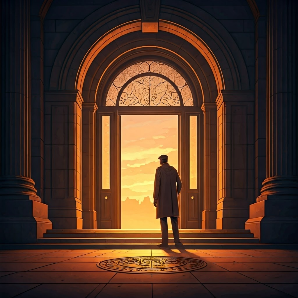 A determined Black student pauses at the grand entrance of an all-white law school, capturing early integration efforts.