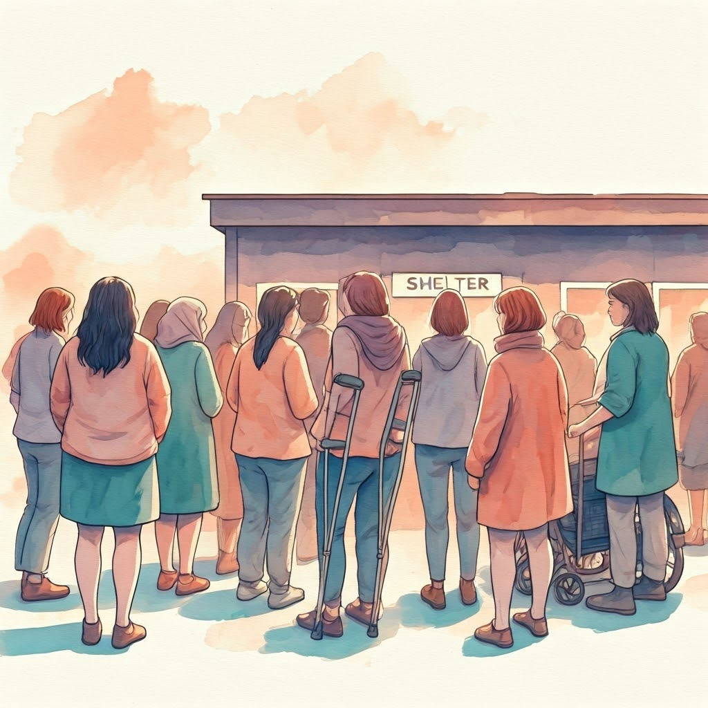 Watercolor of diverse women—including disabled and queer—waiting at a shelter door, highlighting design gaps.