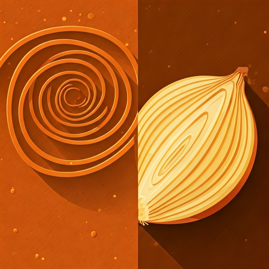 Split-page graphic contrasting caramelized sugar ribbons with a brown crust on onions