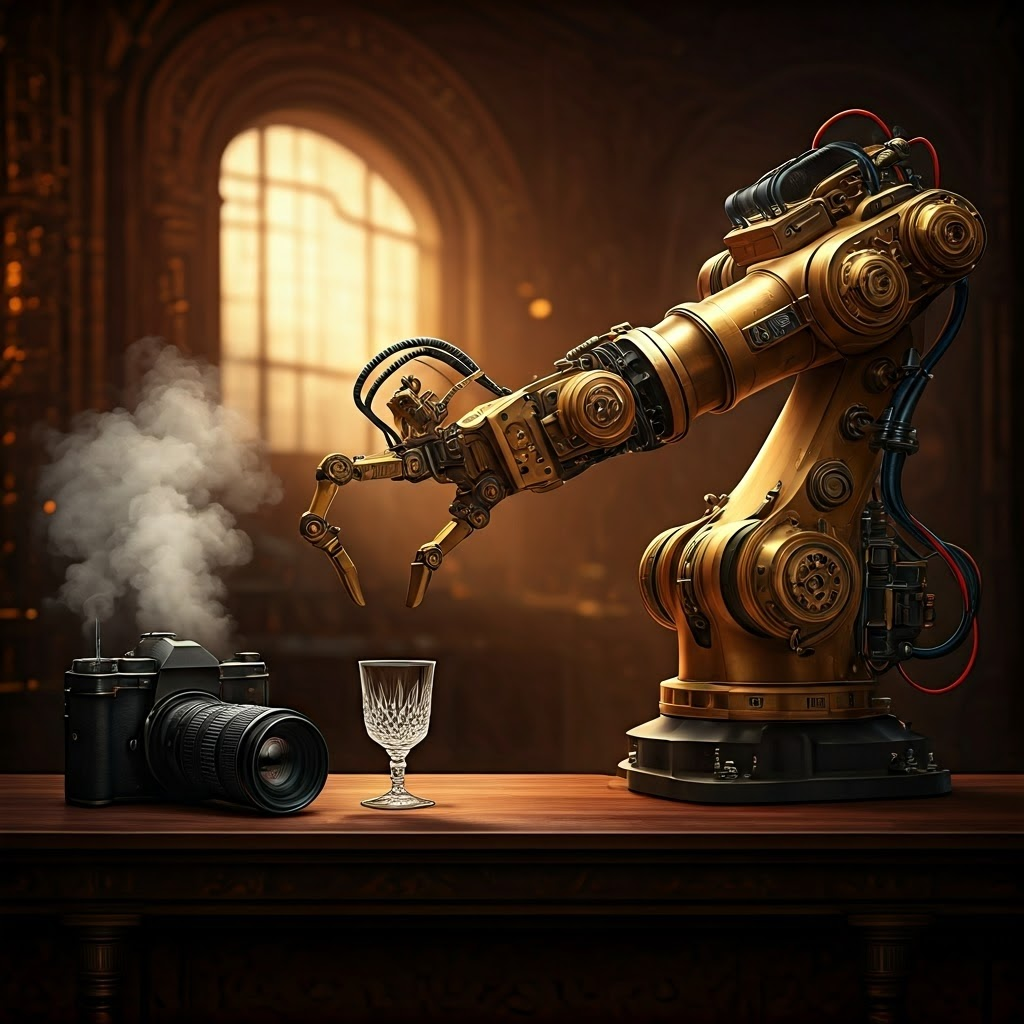 Steampunk robotic arm uses force-torque sensors to gently place a fragile glass on a table