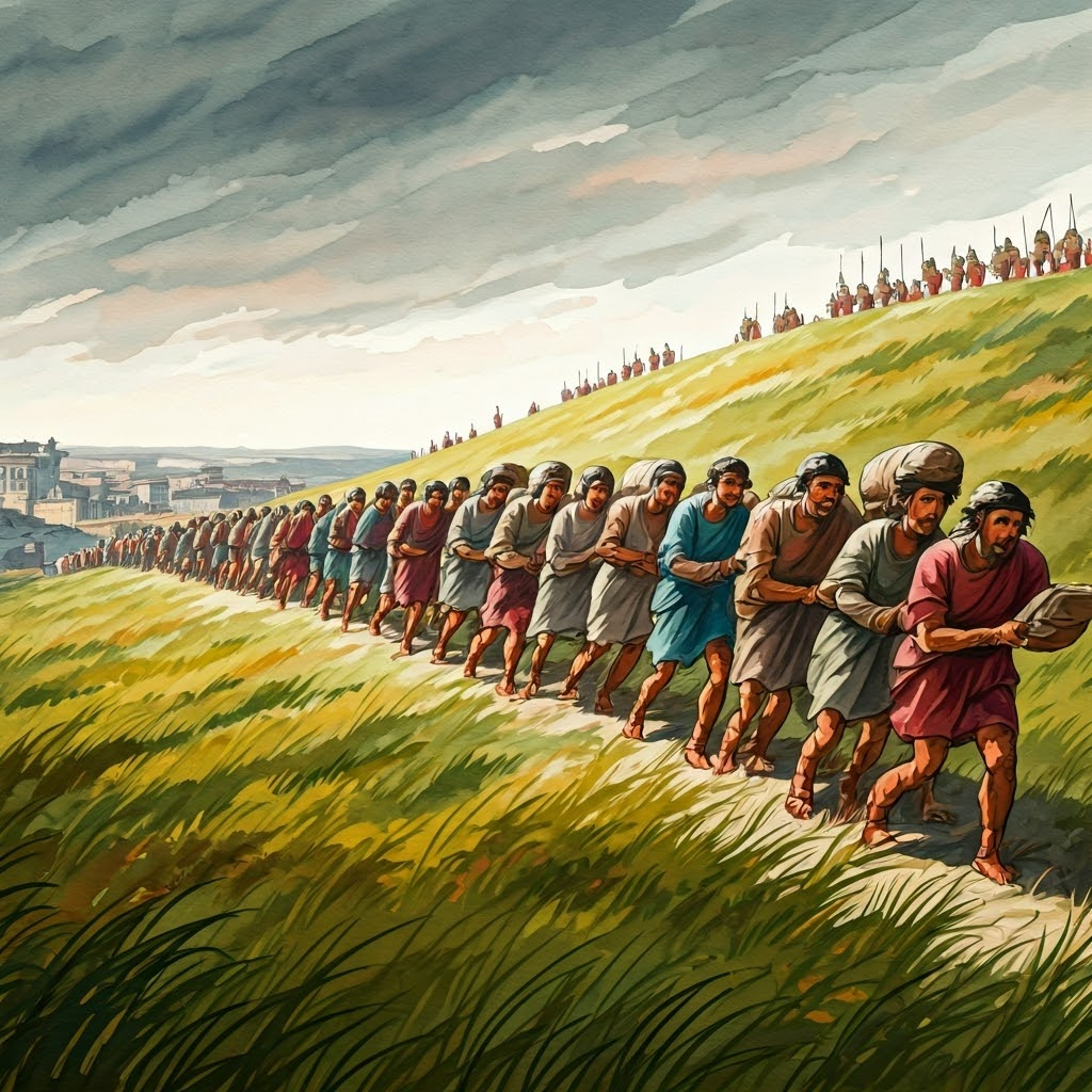 Plebeians leaving Rome and camping on a hill, marking their protest for rights