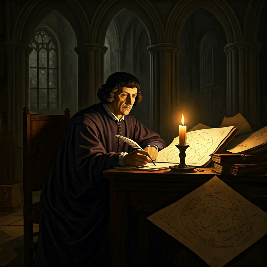 Oil painting of Copernicus writing by candlelight with heliocentric sketches spread across his desk.