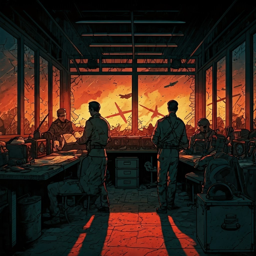 Generals huddle over glowing maps in a bunker while radio operators relay urgent orders, illustrating split-second wartime decisions.