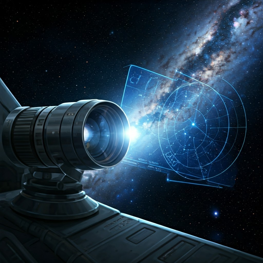 Star tracker camera on spacecraft hull comparing real stars to holographic map.