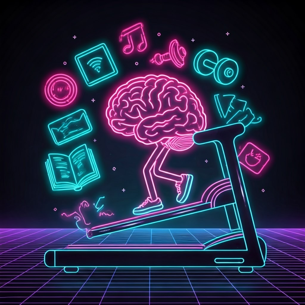 Retro neon brain jogging on a treadmill amid books and dumbbells, illustrating everyday choices shaping the mind.