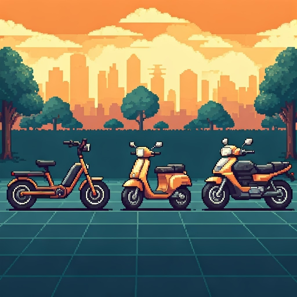 Pixel art comparison of a 250 W e-bike, 500 W scooter, and 1000 W light motorcycle on a dawn city grid.