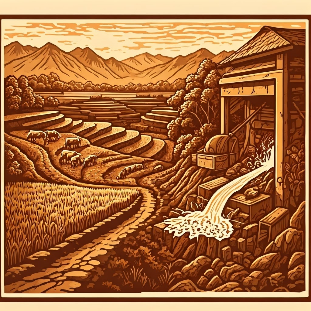 Woodcut showing cattle and rice fields beside a forge and cement mixers