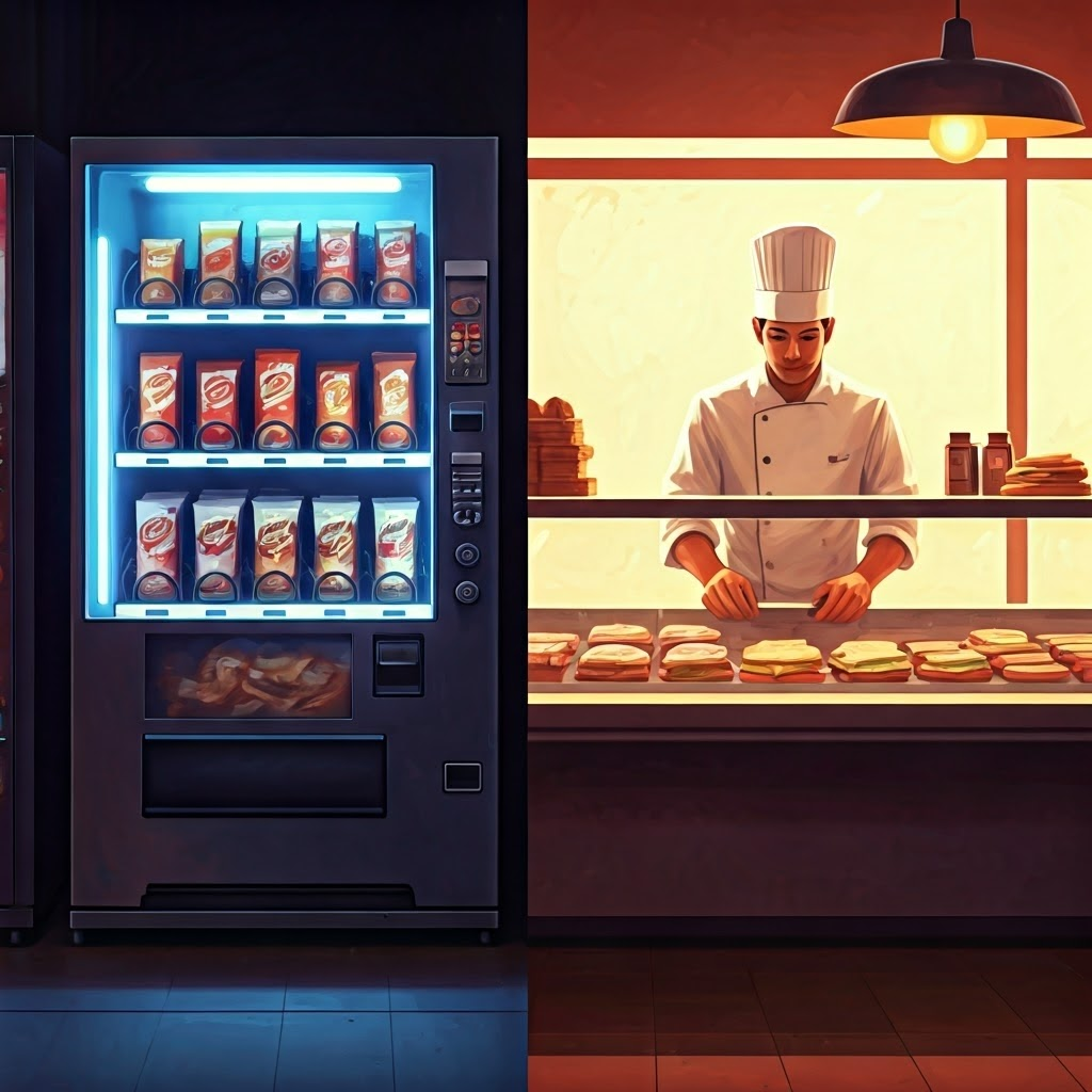 Split image of vending machine and deli counter illustrating static versus dynamic content