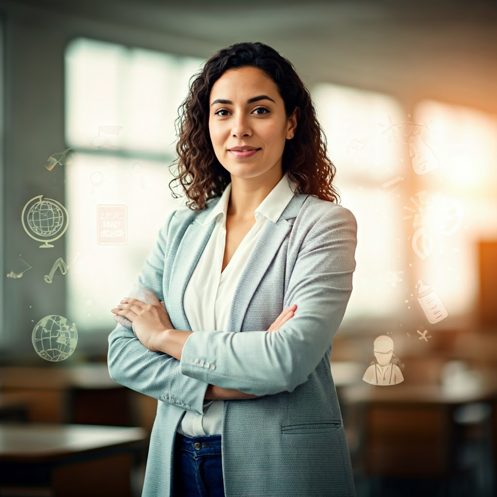 Woman teacher in sunlit classroom surrounded by soft pastel icons of globe, baby bottle, and passport—visualizing many identity layers.