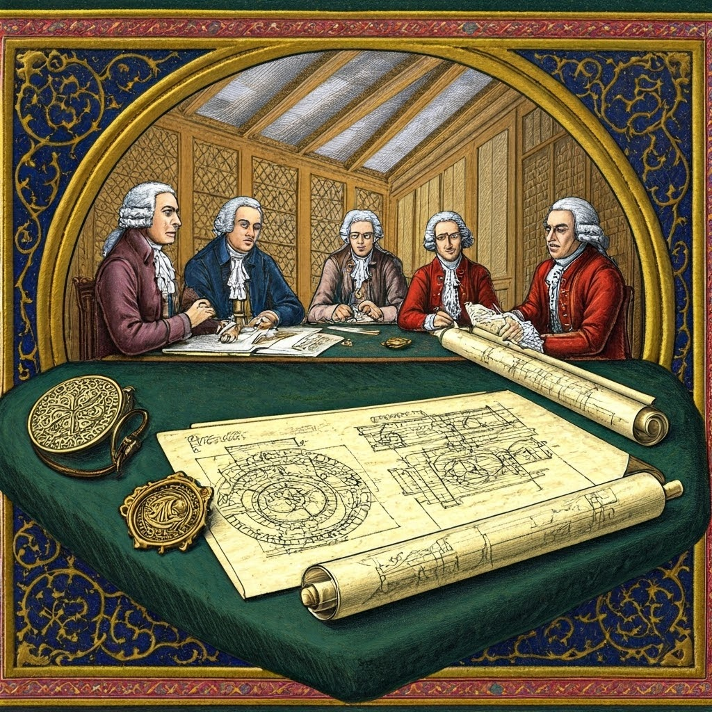 19th-century patent office scene with clerks poring over glowing mechanical scrolls.