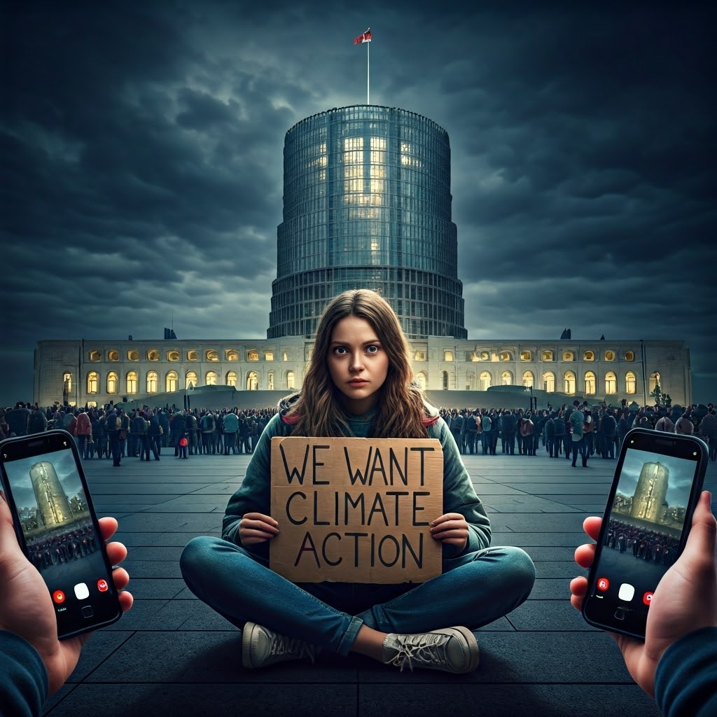 Young activist sits before a glass parliament at dusk, holding a sign that reads “We Want Climate Action,” while smartphones stream her image to a global online audience.