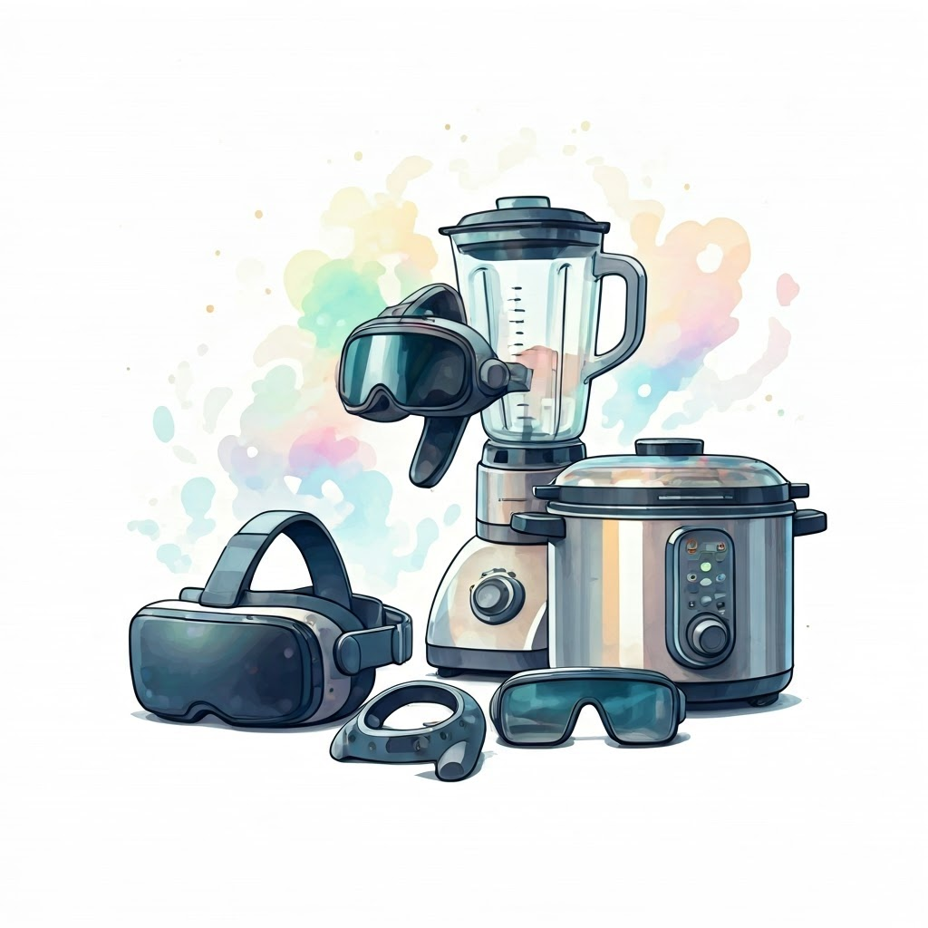 Whimsical kitchen filled with VR headsets, AR glasses, and motion controllers as gadgets