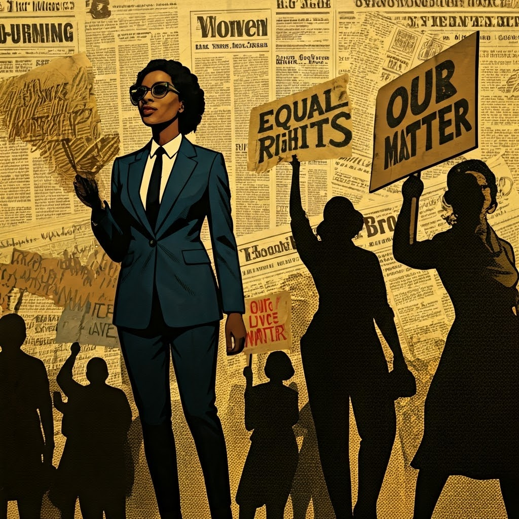 Pop art collage of women marching with equal rights signs, reflecting the rise of the women's liberation movement.