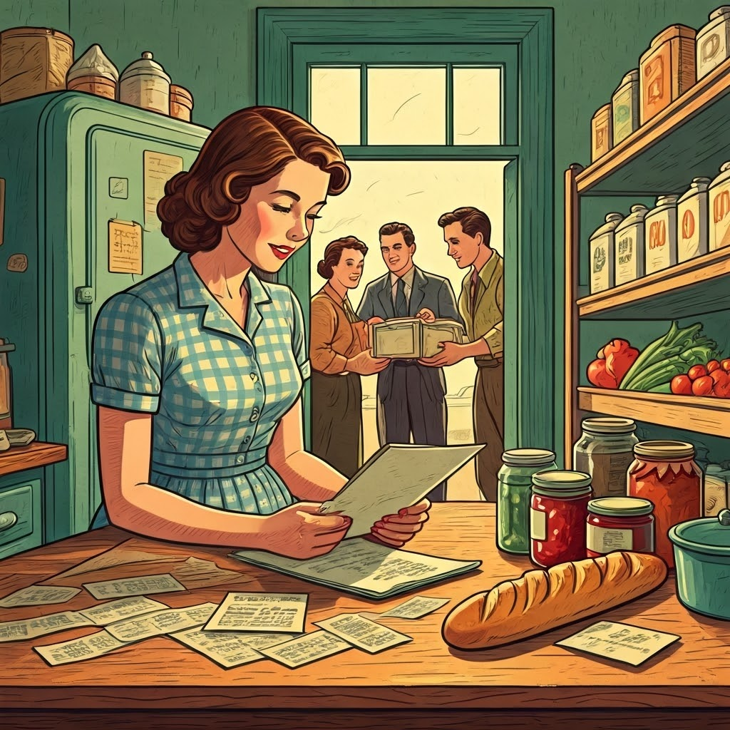 1940s kitchen where a mother studies a ration book while neighbors compare coupons, highlighting home-front resourcefulness
