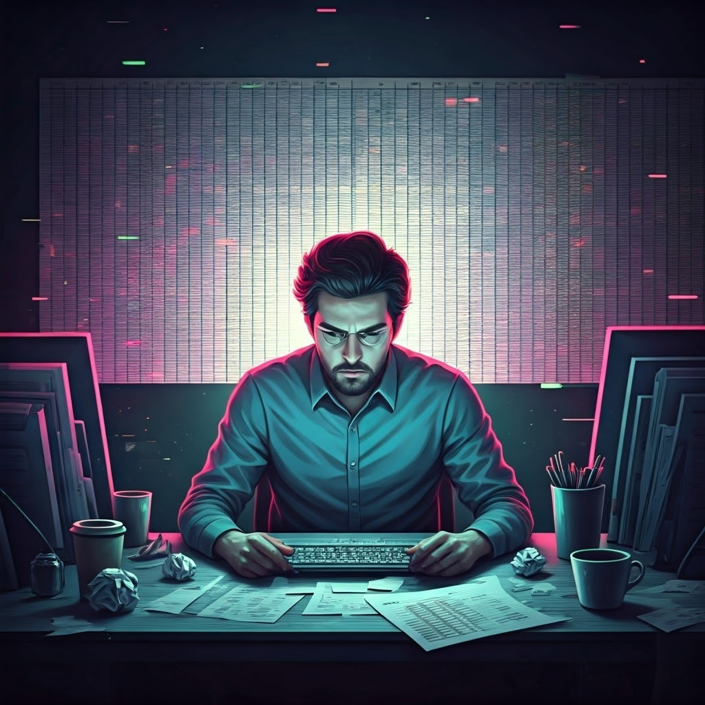 Chaotic office desk symbolizing disorganized spreadsheets and confused data analysis.