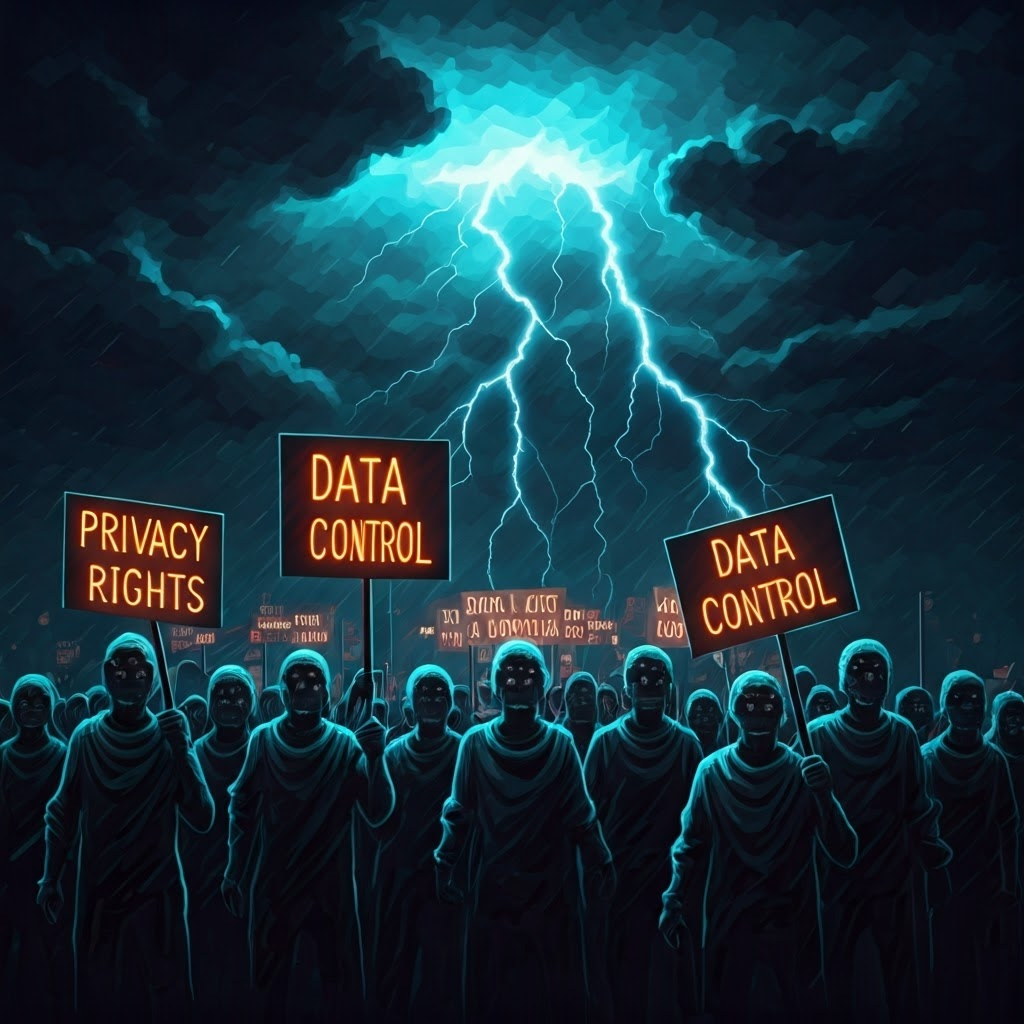 Digital protest with avatars holding signs reading “Privacy Rights” and “Data Control” beneath a stormy virtual sky, bold colors and strokes.