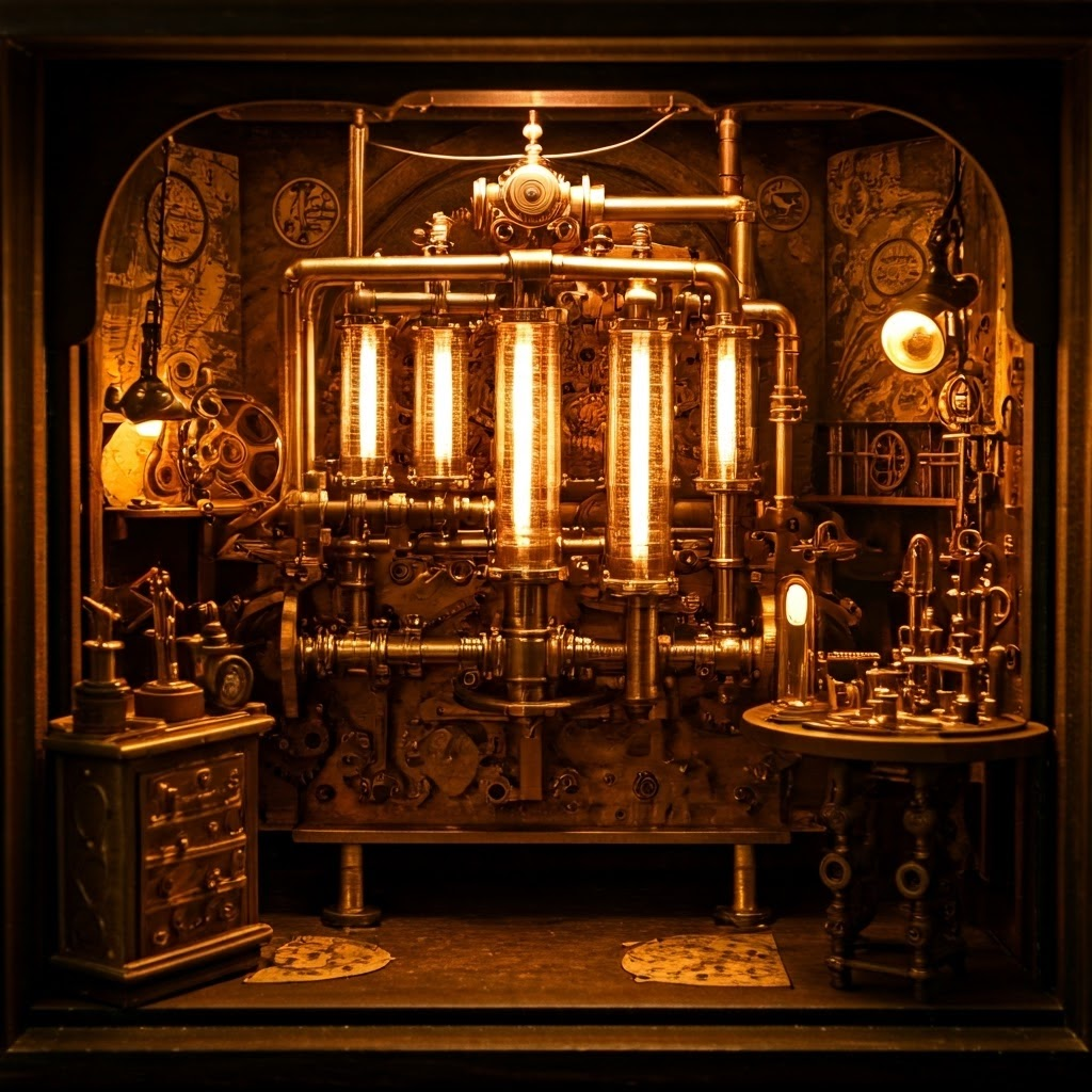 Brass steampunk engine with glowing tubes inside an ornate workshop, symbolizing the transformer’s mechanics