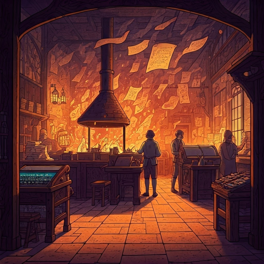 Tense print shop with swirling papers and ghostly diagrams symbolizing rapid change