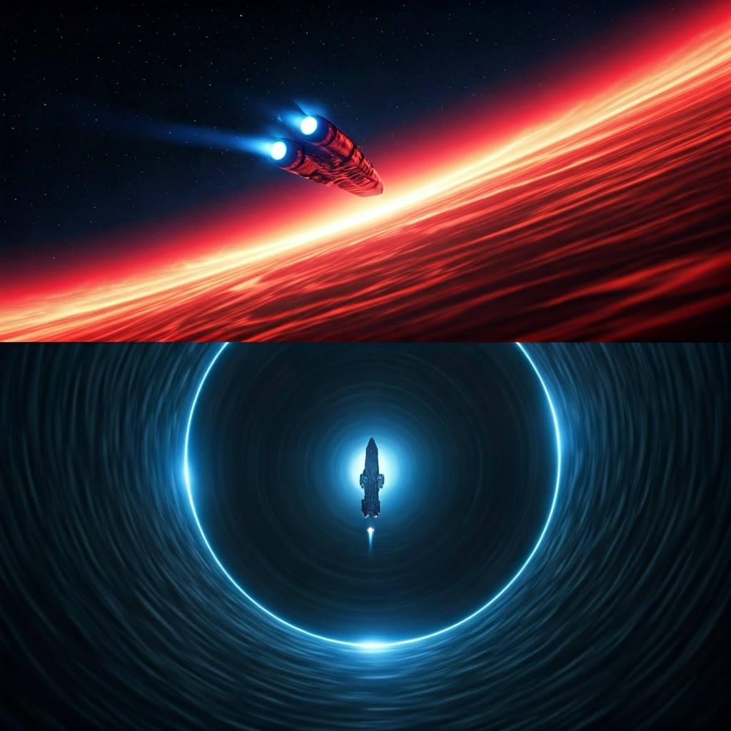 Split-view CGI of a spaceship freezing at the horizon for observers while diving inward from the crew’s view
