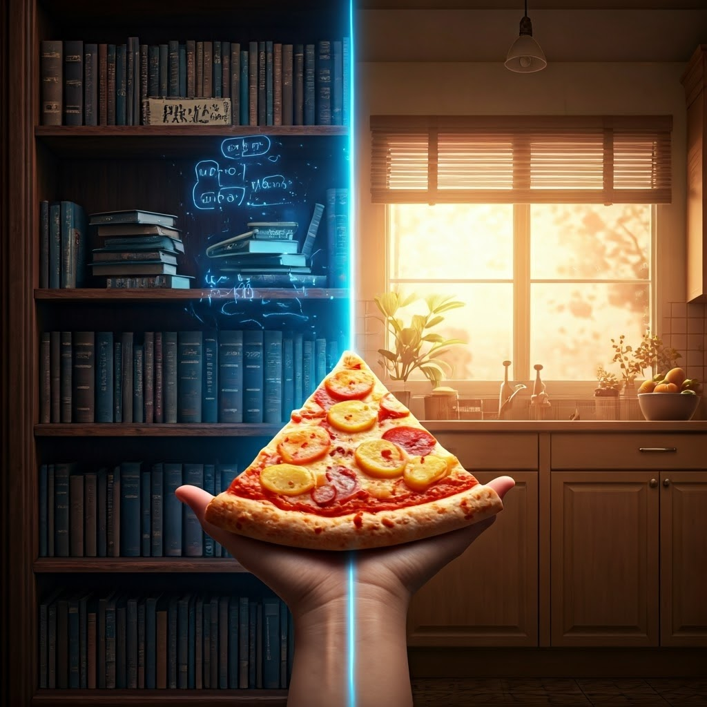 Split-screen illustration contrasting a fact-filled bookshelf with a warm kitchen memory, linked by a pineapple pizza slice held in the center, showing how semantic and episodic memories connect.