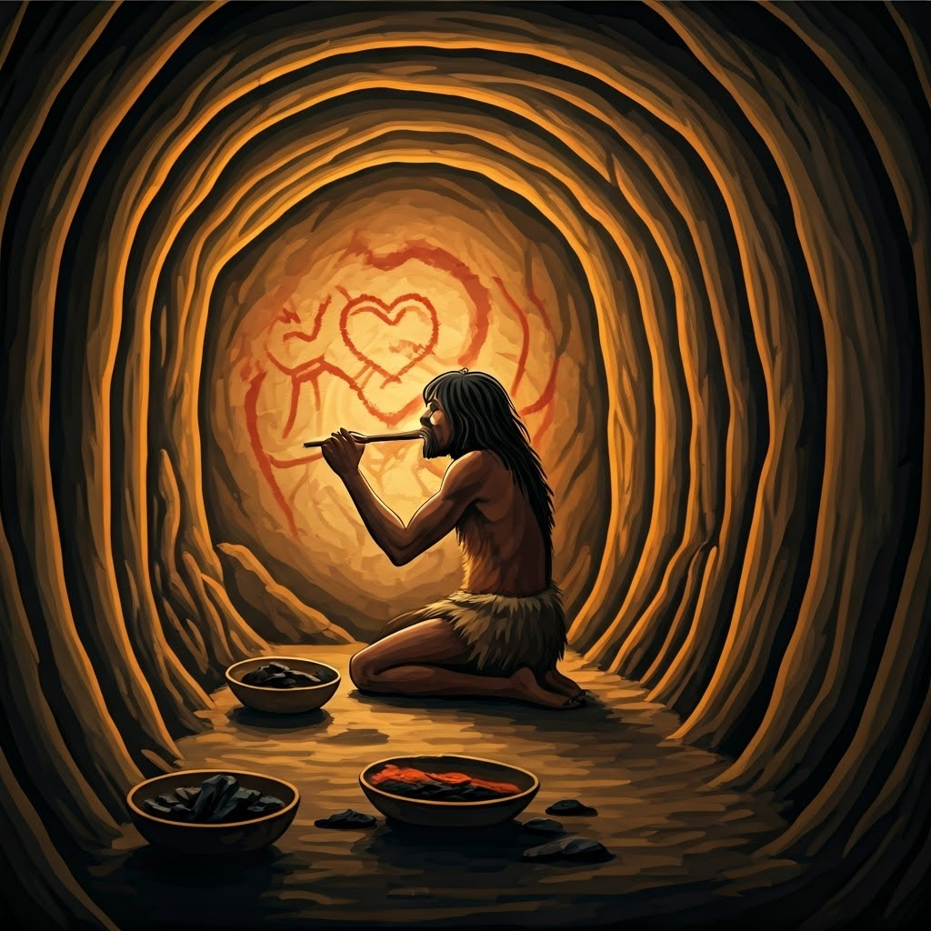 Early humans paint a heart and horse on cave walls while inhaling pigment, highlighting ancient communication.