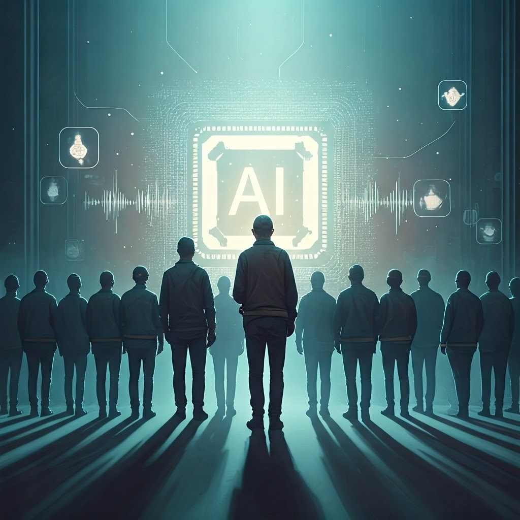 Watercolor scene of engineers around an AI core while diverse people stay unnoticed, symbolizing data bias.