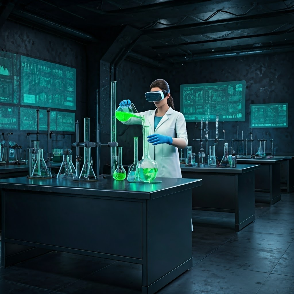Virtual chemistry lab scene with glowing liquids and data panels showing instant reaction feedback.