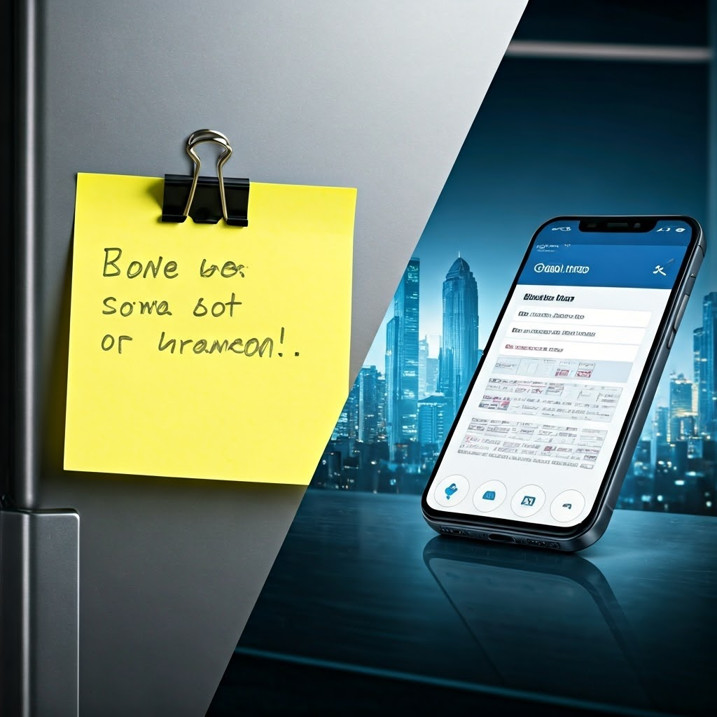 Photoreal split image of a fridge sticky note beside a smartphone overflowing with emails, linking surface choice to message reach.