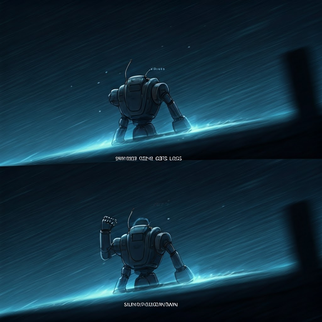 Anime-style panels depict power loss, GPS failure, and sudden rain testing a robot