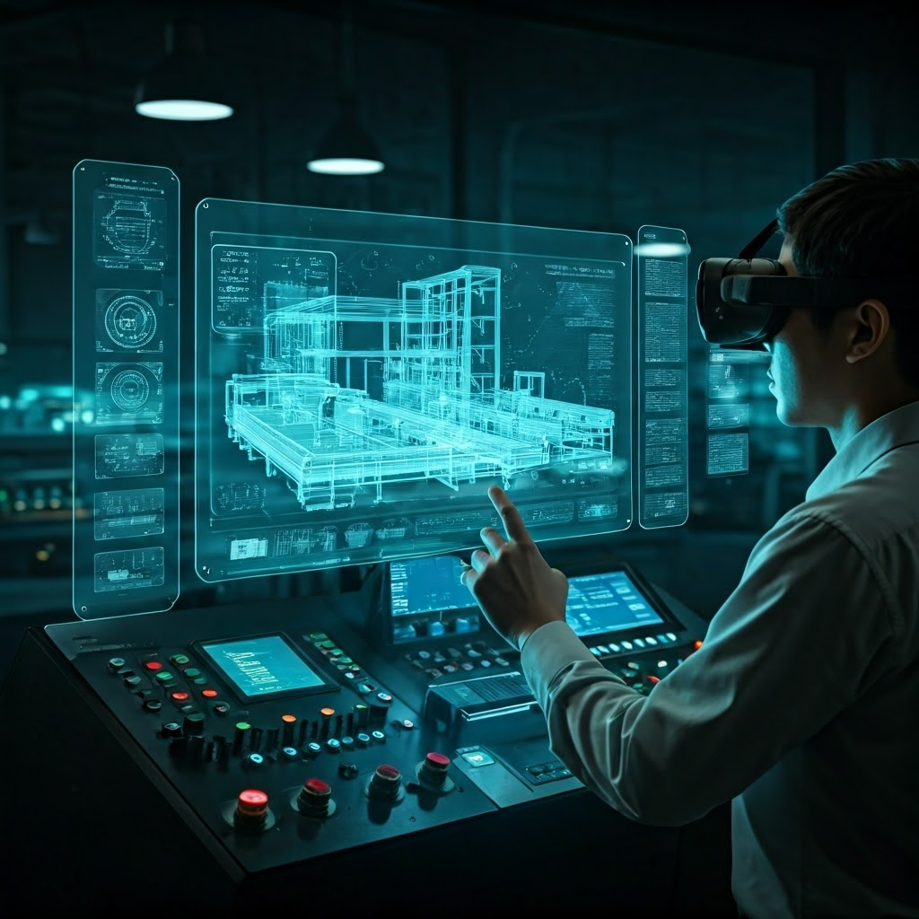 Engineer manipulates virtual factory twin via holographic displays for real-time optimization.