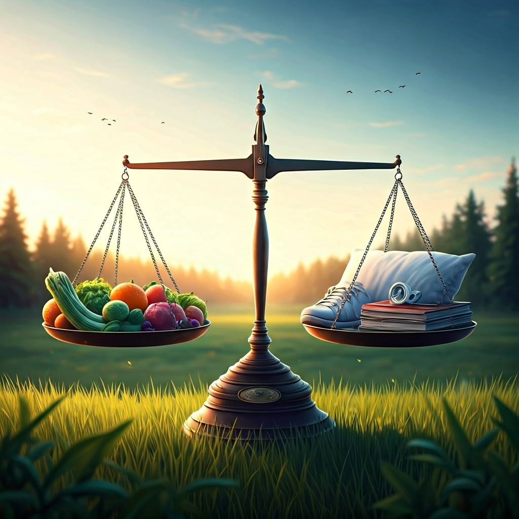 Balanced scale holding food, exercise, and rest icons conveys holistic health beyond weight