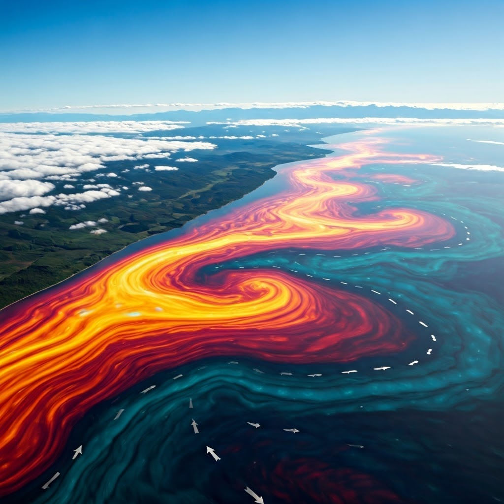 Drone-style view of swirling Pacific currents influencing distant rainfall, with arrows showing flow.