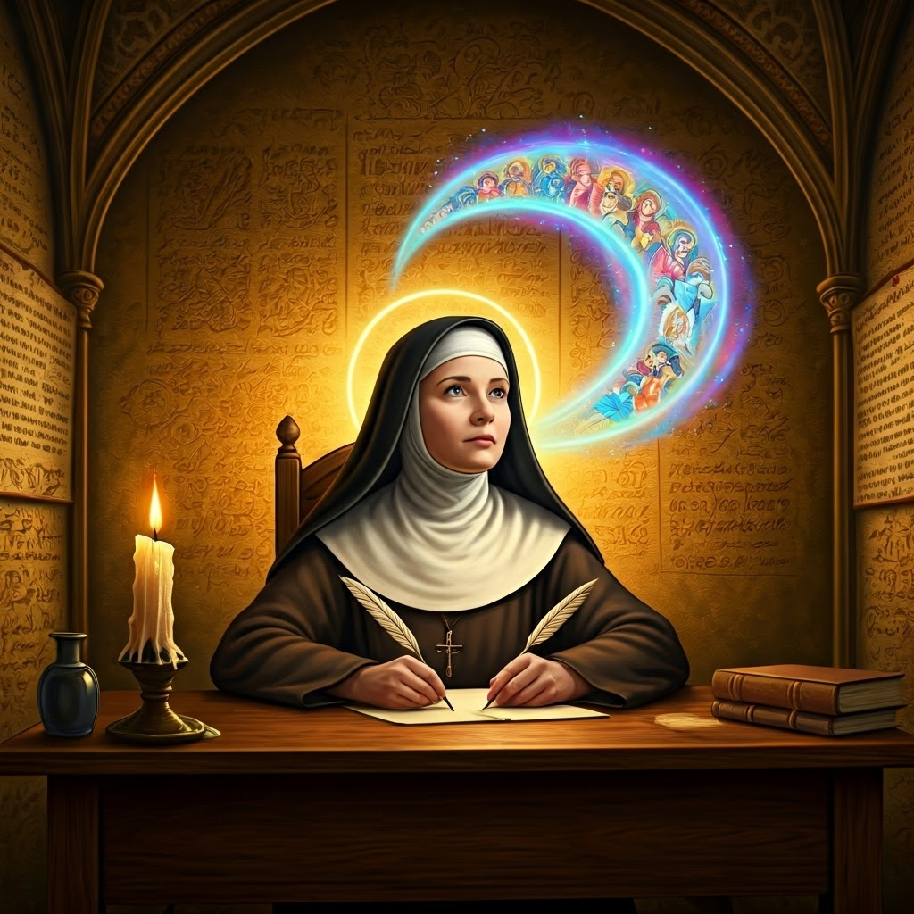 A medieval abbess writes by candlelight, her vivid visions swirling above her desk in colorful shapes.