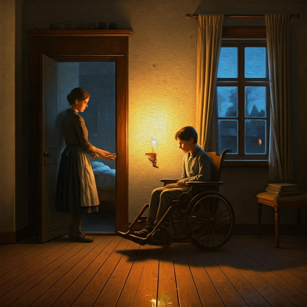 A parent quietly shuts a bedroom door while a neighbor passes coins through a window, showing 19th-century charity toward a disabled child.