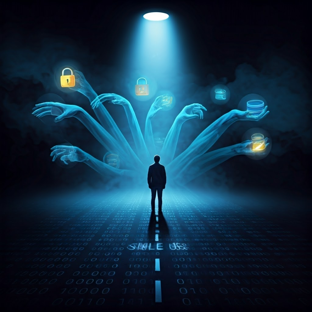 Person standing at binary crossroads, one secure path and several risky routes, symbolizing choices in data sharing.