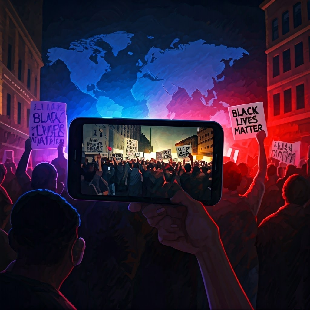 Protesters raise “Black Lives Matter” signs while a phone livestreams the scene, highlighting the movement’s global reach.