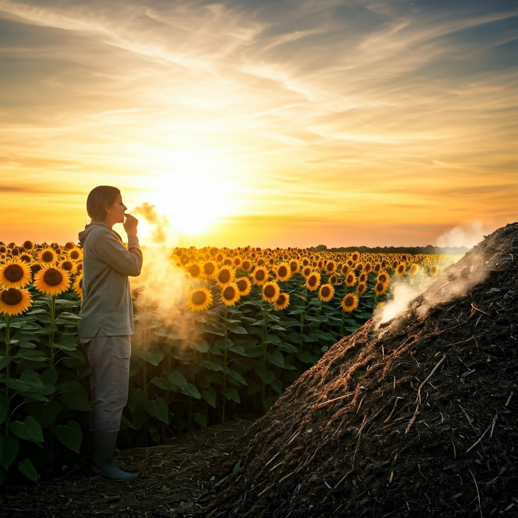Photorealistic field of sunflowers, a person exhaling visible breath, and a steaming compost pile—showing everyday sources and sinks of carbon