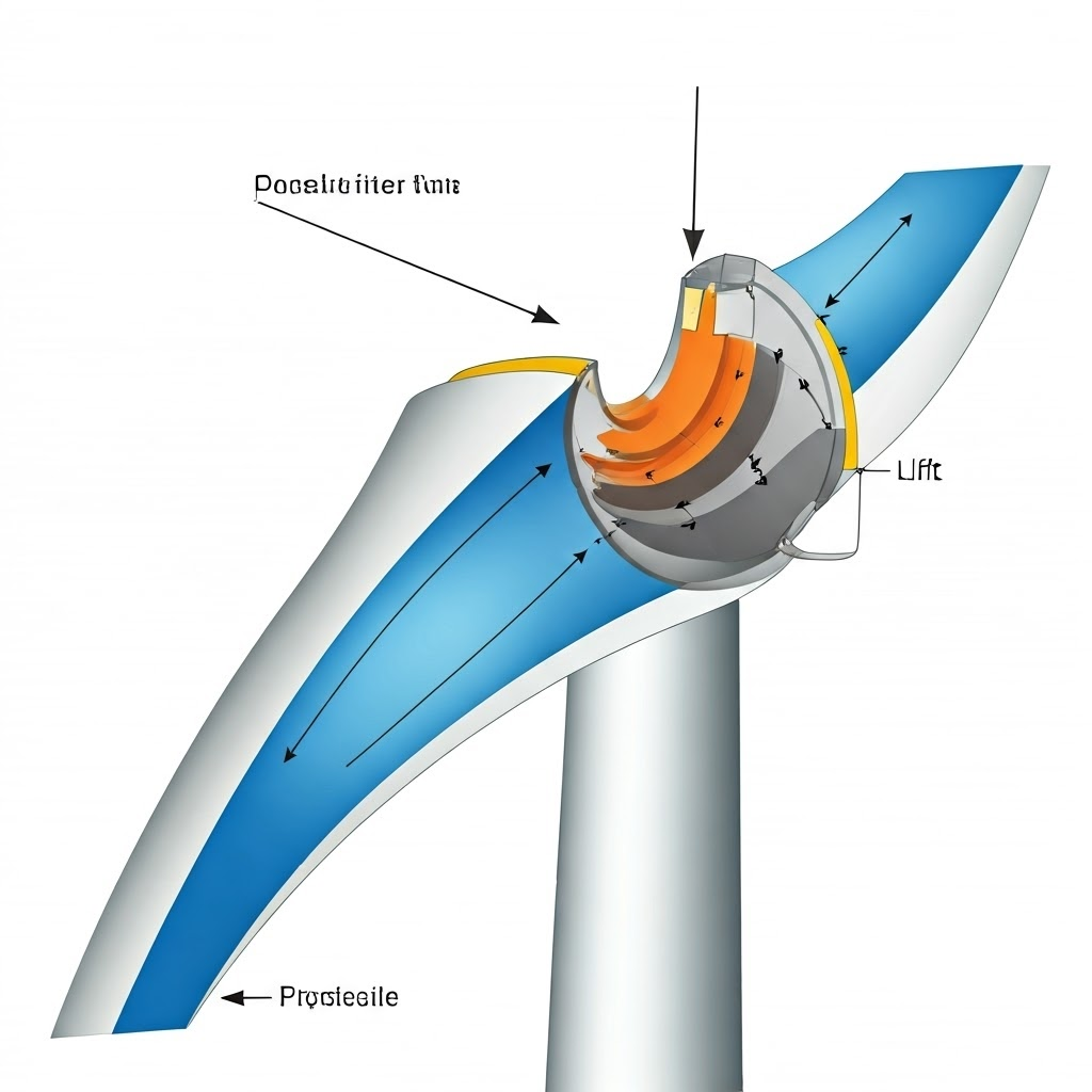 Cross-section of a wind-turbine blade highlighting faster airflow on the curved side.