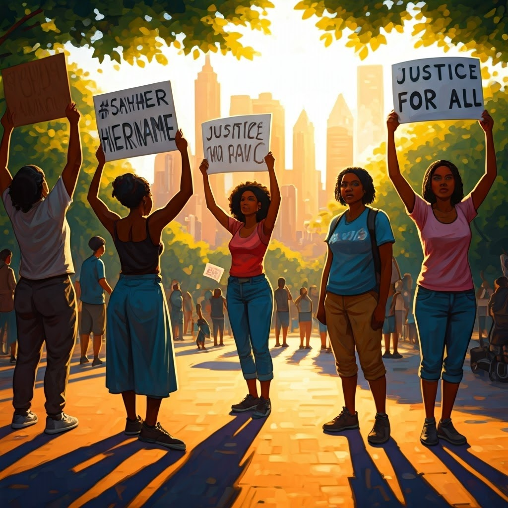 Mixed-identity activists holding signs such as #SayHerName and Justice for All in a vibrant park protest
