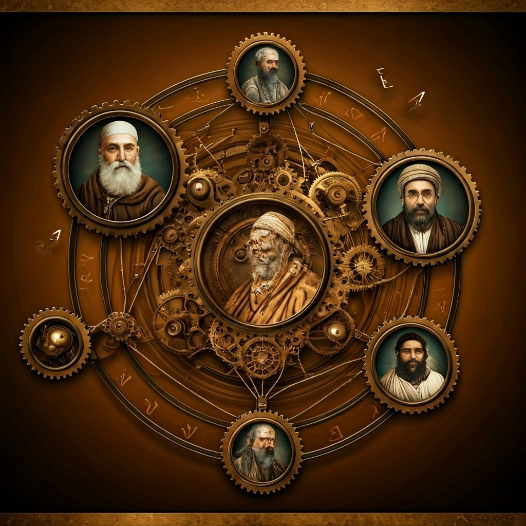 Steampunk map of letters, cogs, and portraits connecting missionaries, Sufi teachers, and Jewish traders, illustrating early global networks