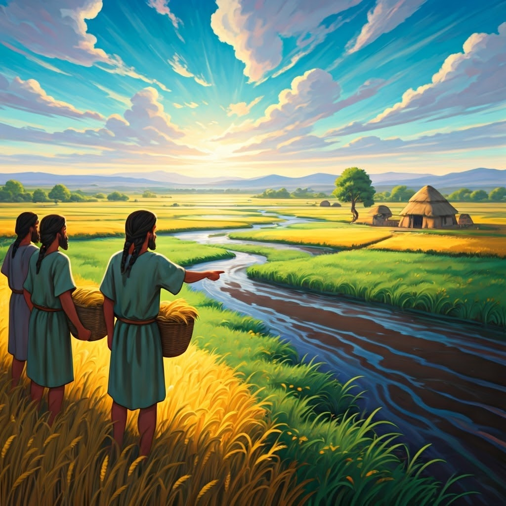 Pastel mural showing ancient farmers on green floodplains gathering wheat as rivers deposit dark fertile silt, highlighting how floods turn barren land into rich fields.