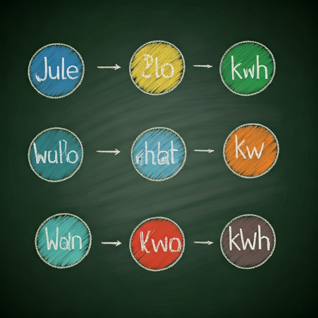 Blackboard with symbols for joules, calories, watts, and kWh