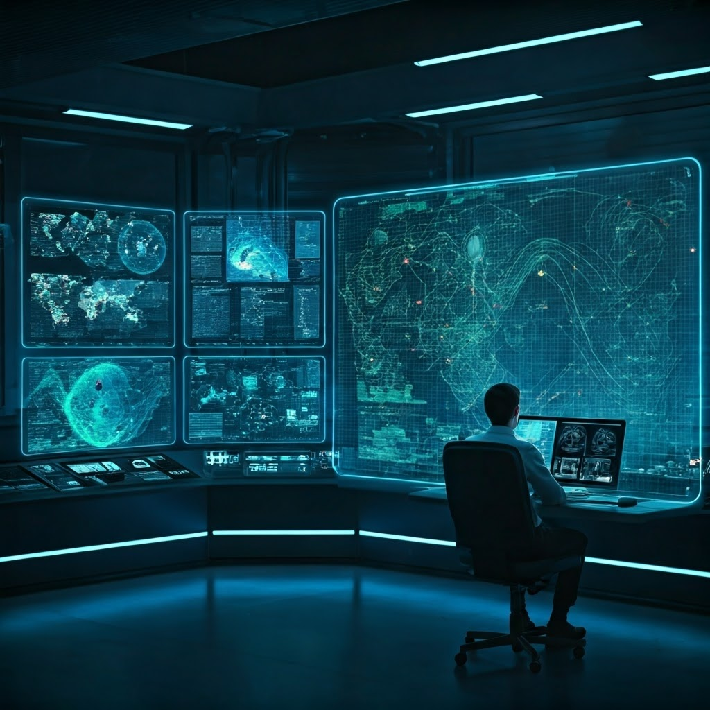 High-tech control room where meteorologists study holographic satellite images, weather balloons, and model outputs