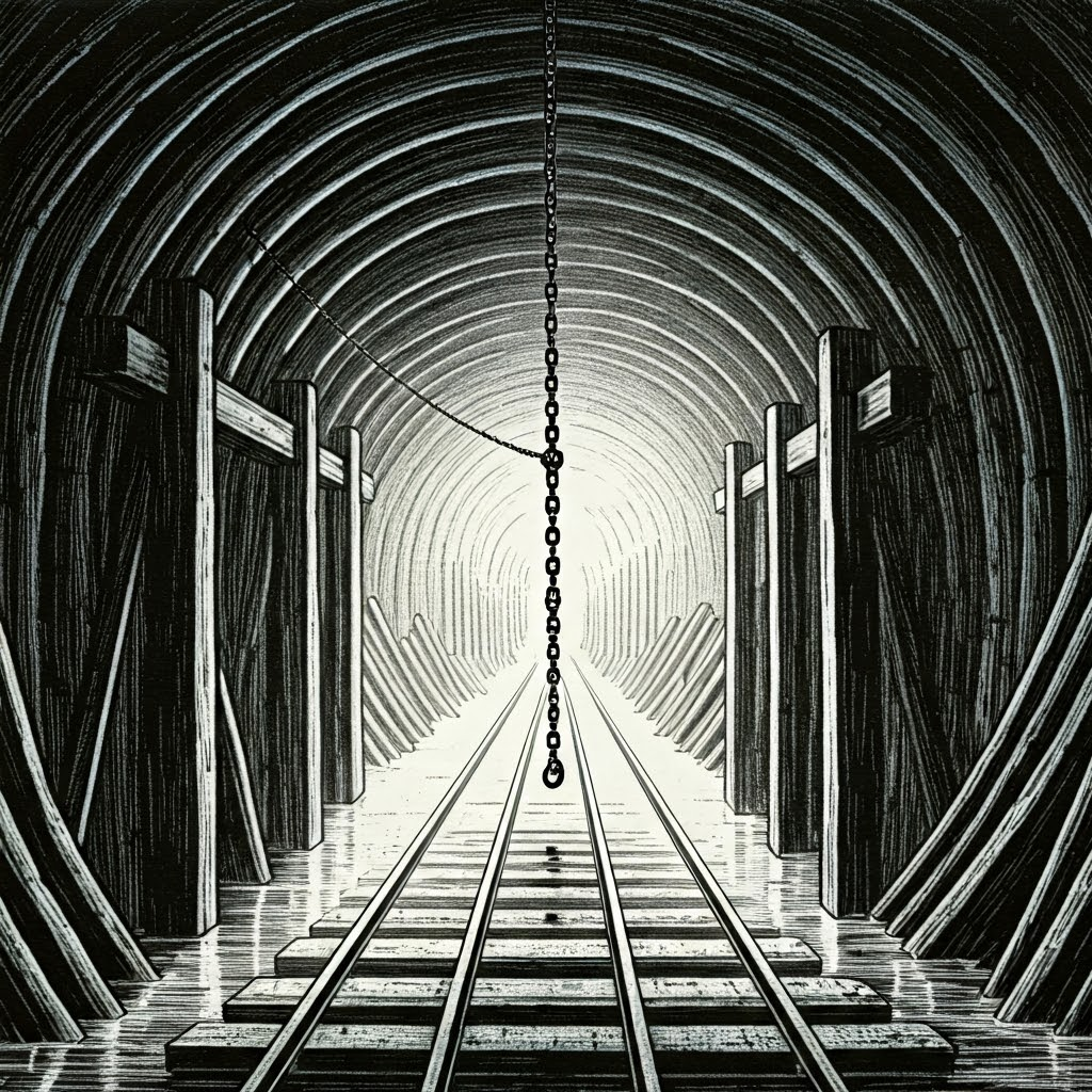 Miners using a rope-and-rag chain pump in a damp tunnel, highlighting primitive drainage tools