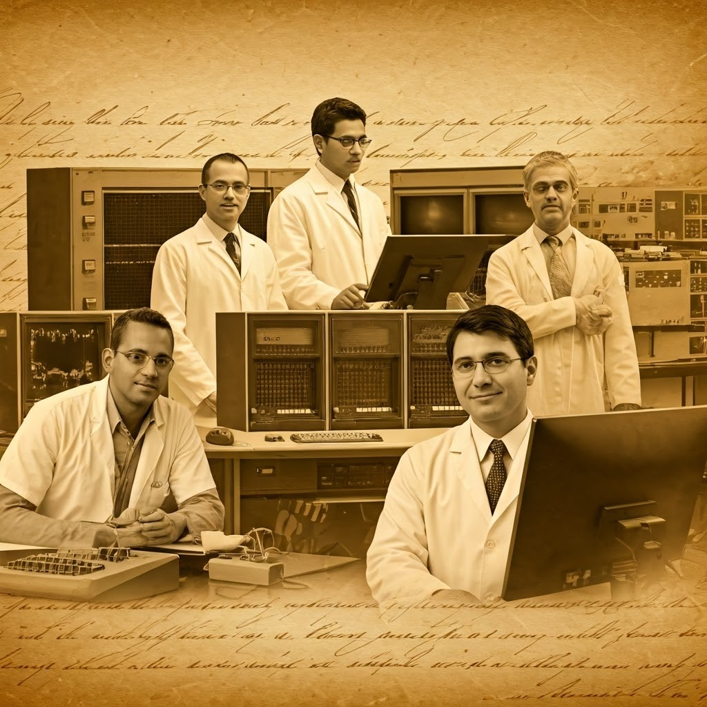 Collage of vintage and modern scientists working with computers, showing decades of collaboration.