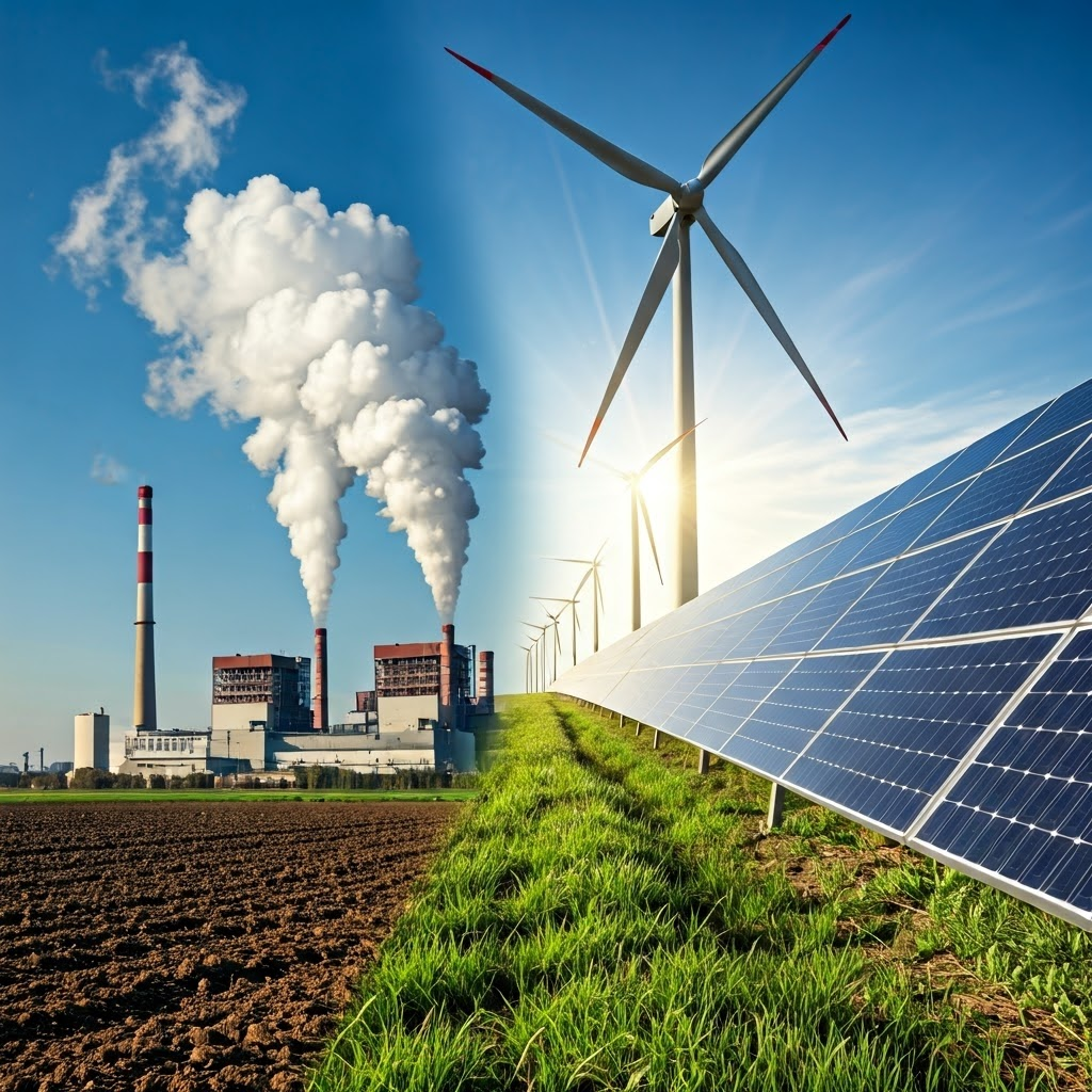 Split image shows a smoky coal plant opposite a bright wind-solar farm