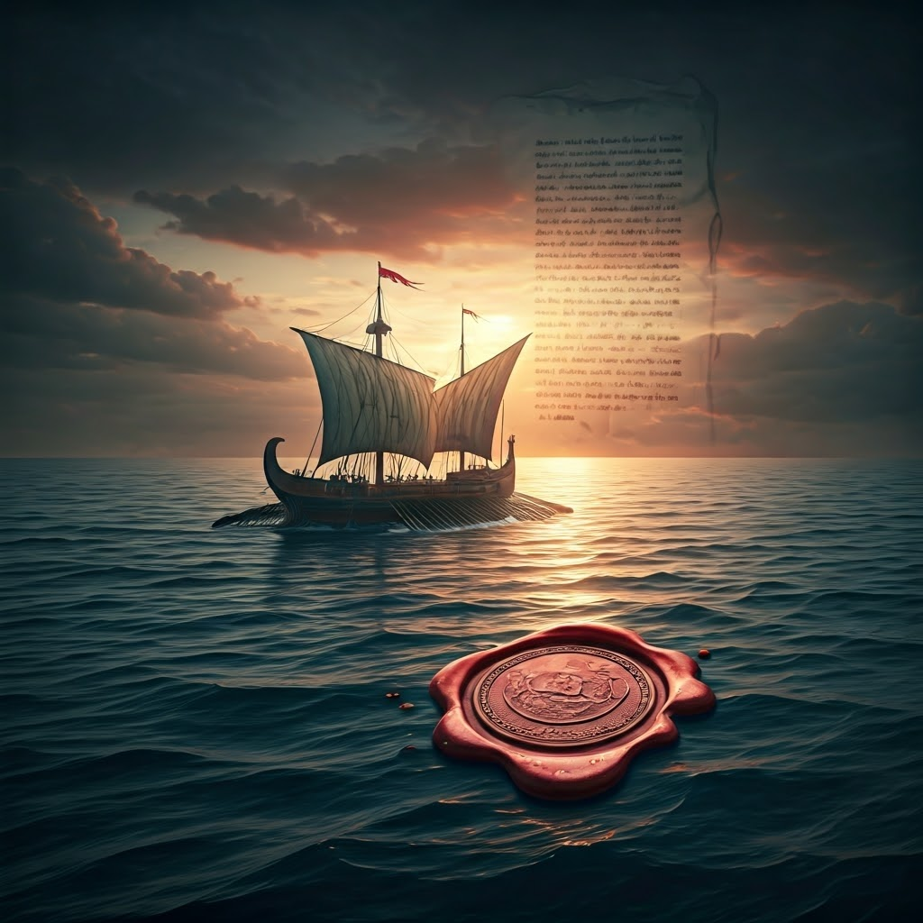 Roman ship faces pirates at sea as a praetor’s edict appears above like a decree